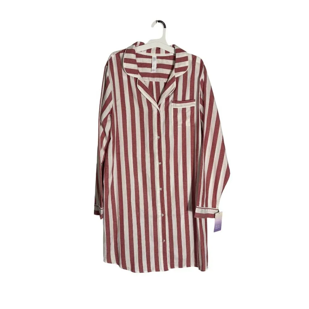Red & White Striped Button-Down Nightshirt Stars Above Long Sleeves Flannel XL - Picture 2 of 11